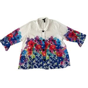 Ali Miles White Floral Button-Front Blouse with Multicolor Blooms- NWT- 2x